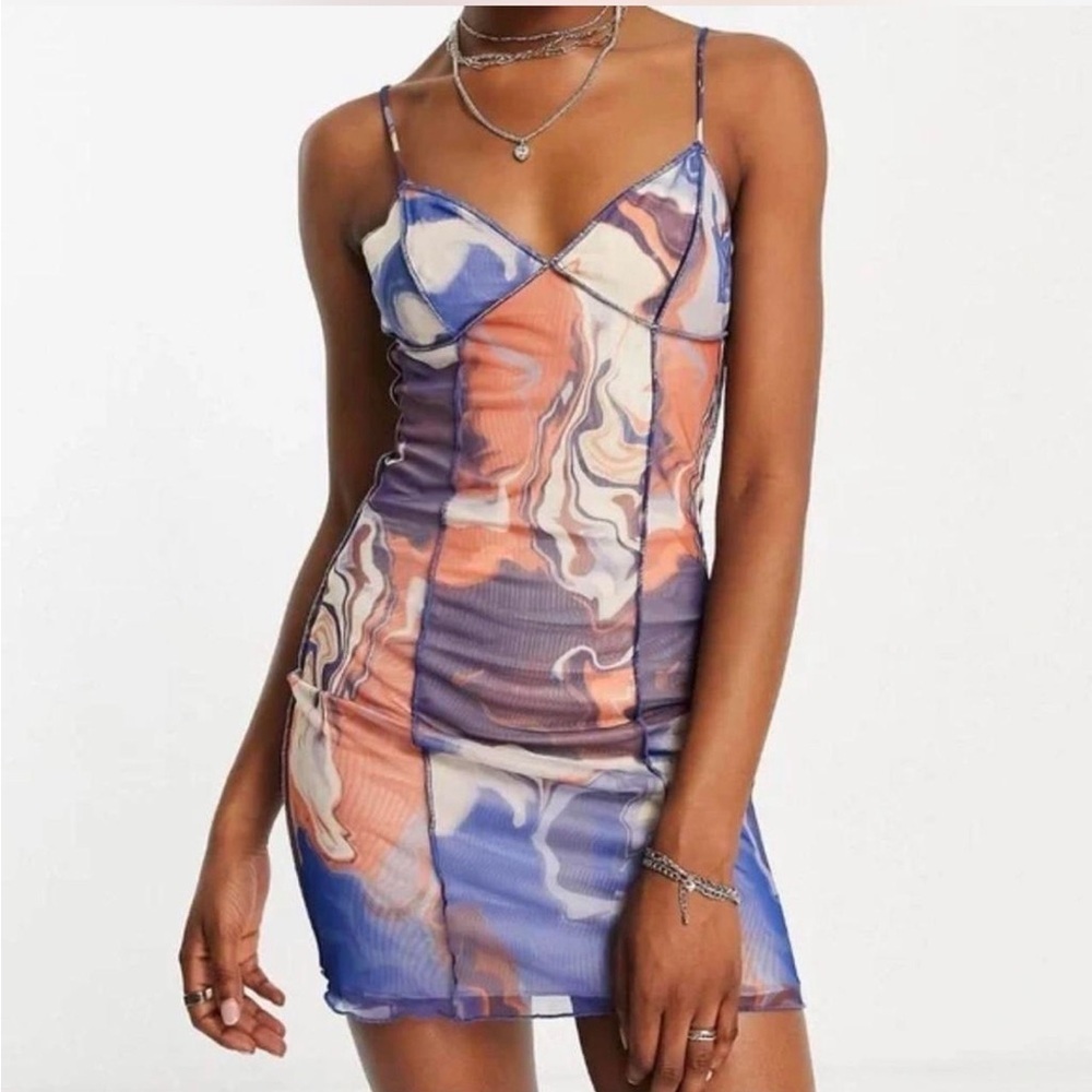 Bershka Marble Patchwork Slip Mini Dress - Blue & Peach
